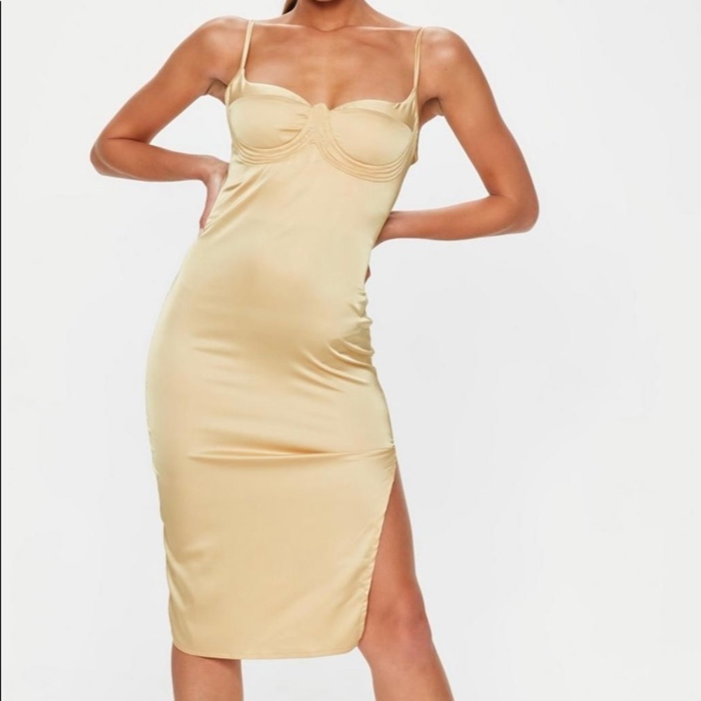 MISSGUIDED Gold Satin Bust Midi Cup Dress